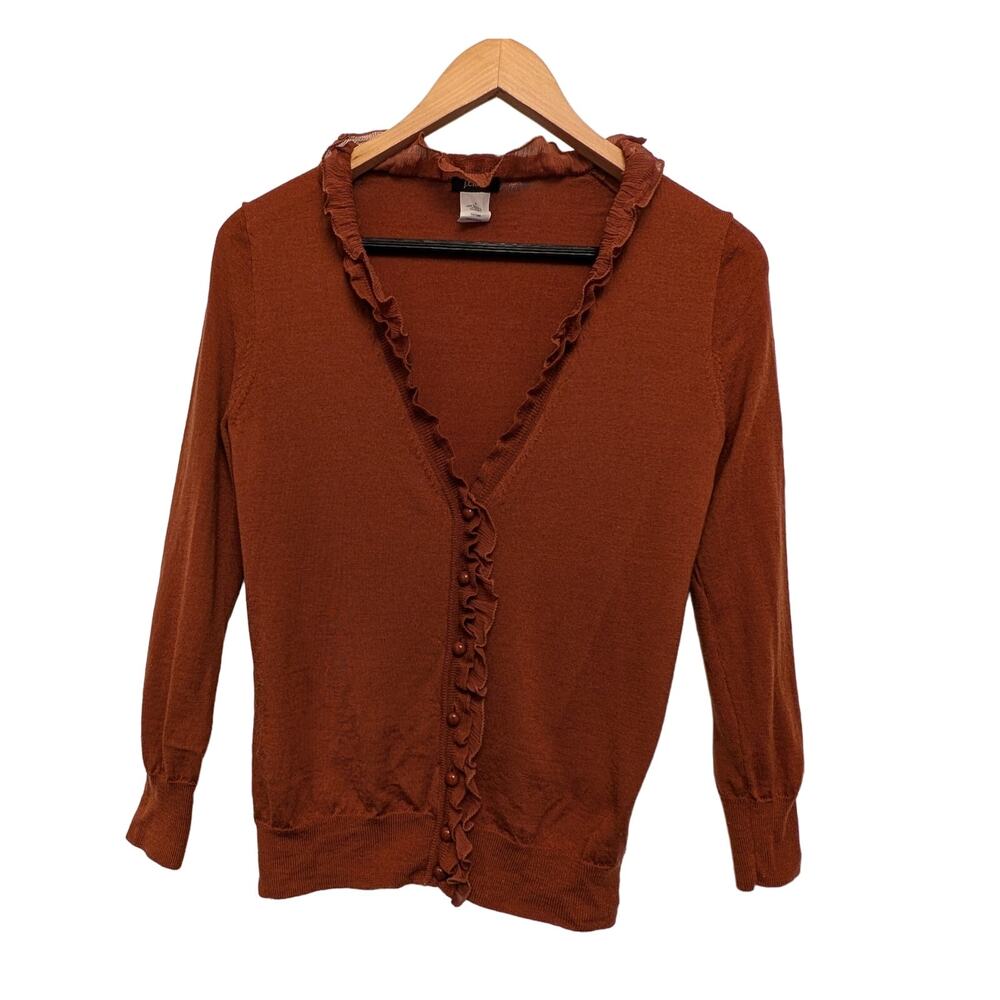 J. Crew Ruffle Trim Long Sleeve Merino Wool‎ Cardigan Sweater Size Small Rust